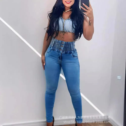 Stretchy Shirred High Waist Skinny Jeans Women Summer Sexy Slim Ankle Length Jeans Denim Pants