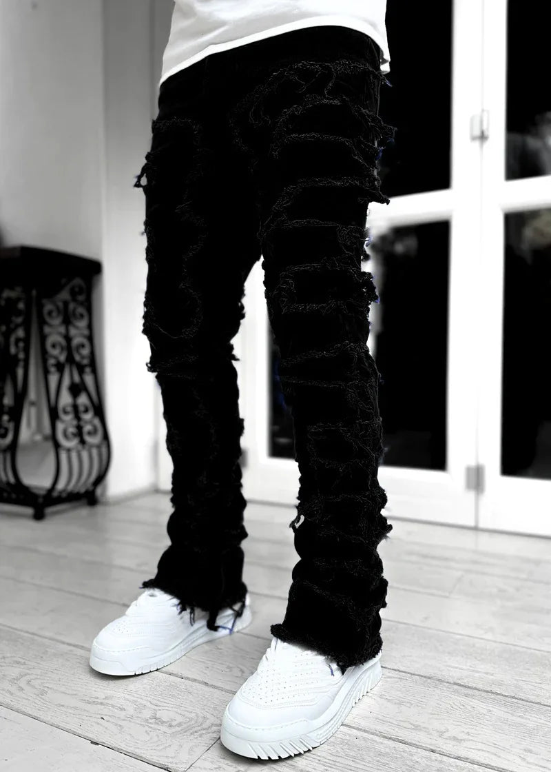 Spliced Distressed Denim Pants Men Jeans Ripped Mid Waist Pockets High Street Jean Skinny Washed Ankle Length Pencil Pants