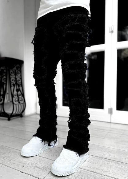 Spliced Distressed Denim Pants Men Jeans Ripped Mid Waist Pockets High Street Jean Skinny Washed Ankle Length Pencil Pants