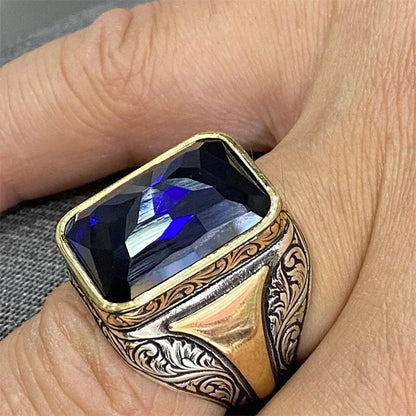 Delicate Square Geometry Grave Gold Silver Color Blue Stone Rings for Men Party Jewelry Gift