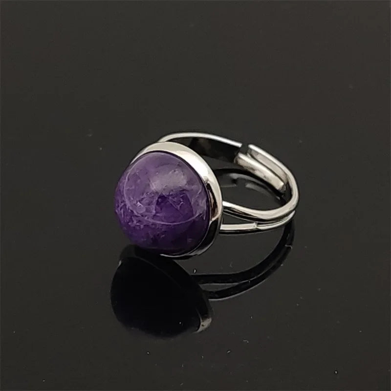 12mm Round Healing Natural Stone Ring Tiger Eye Opal Pink Crystal Adjustable Joint Ring for Women Jewelry