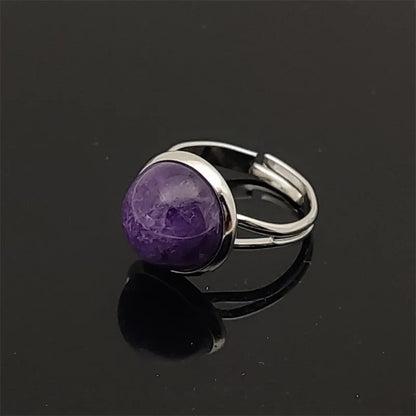 12mm Round Healing Natural Stone Ring Tiger Eye Opal Pink Crystal Adjustable Joint Ring for Women Jewelry