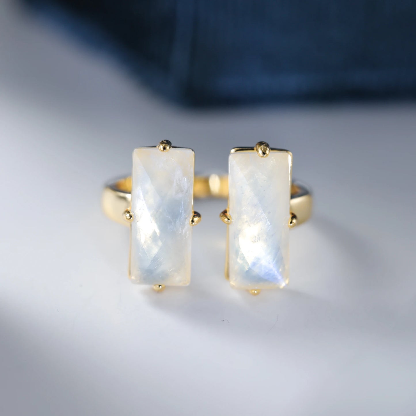 Baguette Cut Natural Moonstone Gemstone Engagement Ring 925 Sterling Silver Adjustable Band for Women Blue Stone Promsie Gifts