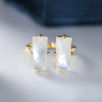 Baguette Cut Natural Moonstone Gemstone Engagement Ring 925 Sterling Silver Adjustable Band for Women Blue Stone Promsie Gifts