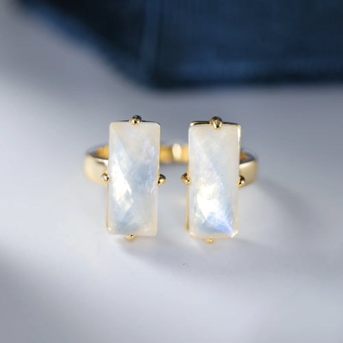 Baguette Cut Natural Moonstone Gemstone Engagement Ring 925 Sterling Silver Adjustable Band for Women Blue Stone Promsie Gifts