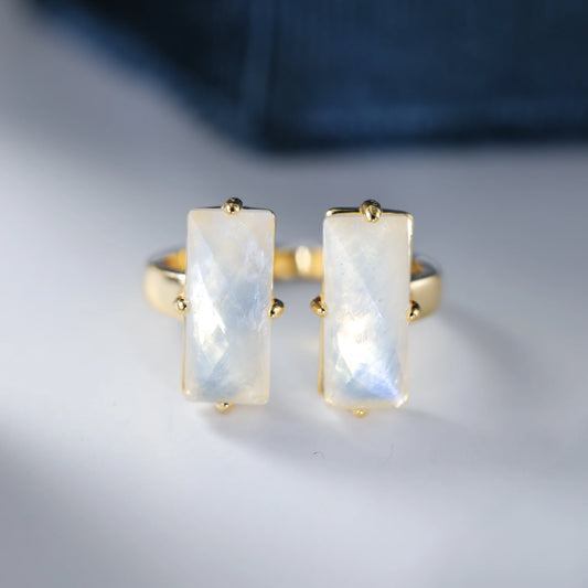 Baguette Cut Natural Moonstone Gemstone Engagement Ring 925 Sterling Silver Adjustable Band for Women Blue Stone Promsie Gifts
