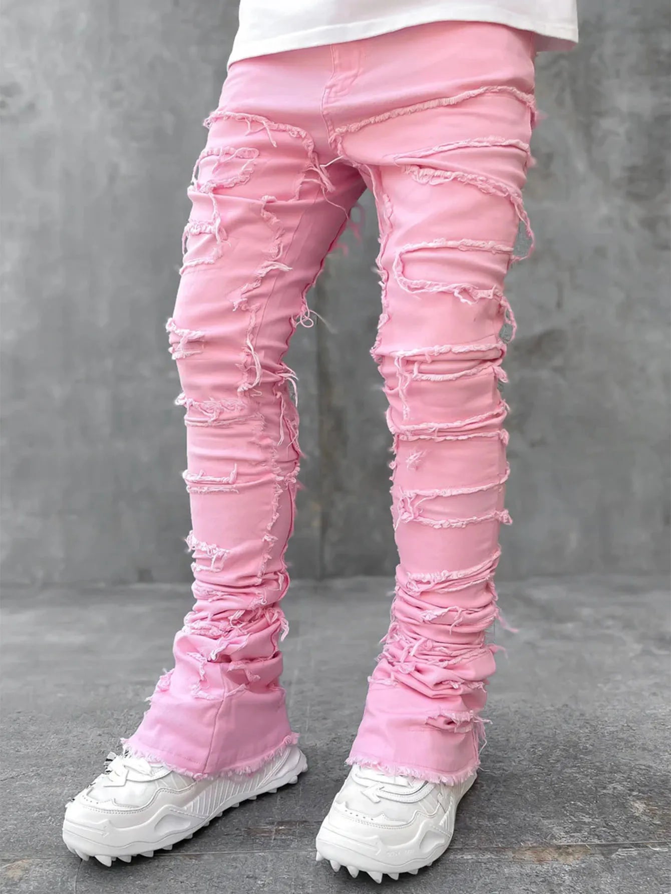 Spliced Distressed Denim Pants Men Jeans Ripped Mid Waist Pockets High Street Jean Skinny Washed Ankle Length Pencil Pants