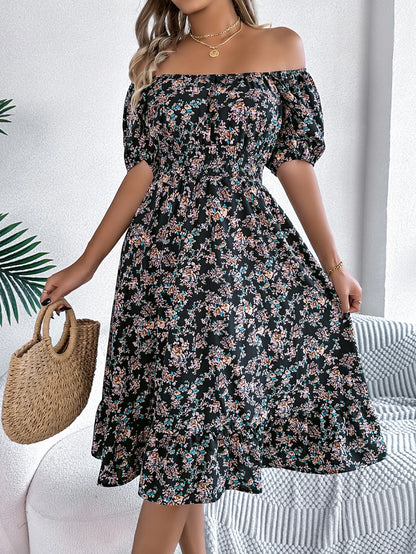 Spring and Summer Elegant Dress Floral Print Short Sleeved Square Neck Women's Ruffled Edge Dresses