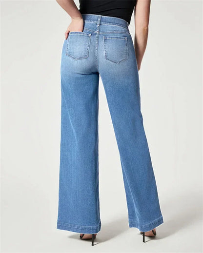 Stretch Elasticated Waist Wide Leg Jeans Women Fashion Chic Flared Trousers Loose Female Comfortable Commuter Casual Denim Pants