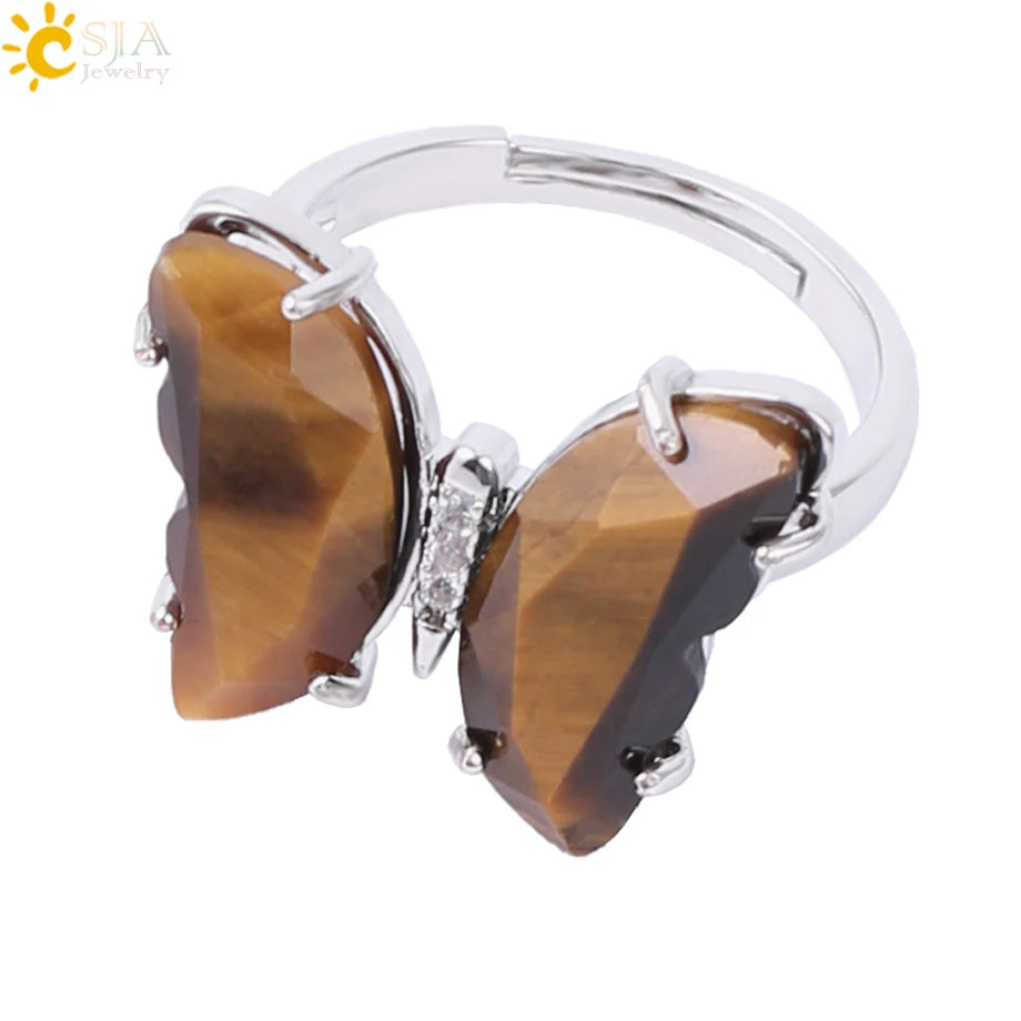Gold Color Crystal Ring Natural Gemstone Butterfly Rings for Women Amethysts Lapis Lazui Pink Quartz Adjustable Engagement  H125