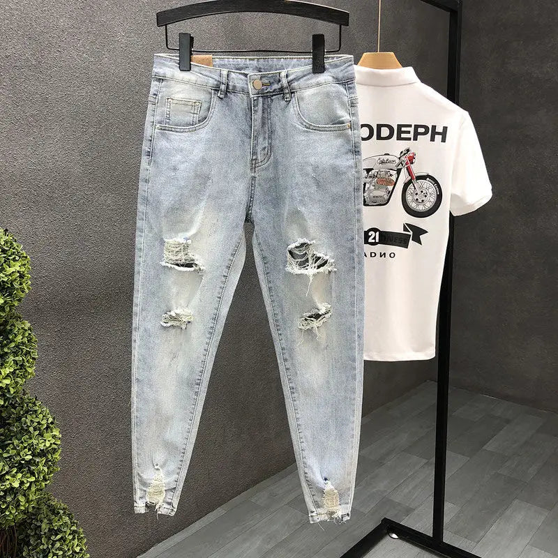 2024 New Summer Fashion Casual Slim Washed Cowboy Luxury Denim Jeans Men Solid Designer Clothes Ripped Knee Length Hem Trousers
