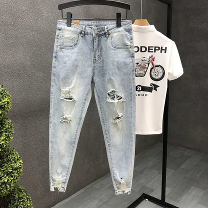 2024 New Summer Fashion Casual Slim Washed Cowboy Luxury Denim Jeans Men Solid Designer Clothes Ripped Knee Length Hem Trousers