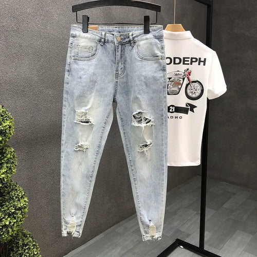 2024 New Summer Fashion Casual Slim Washed Cowboy Luxury Denim Jeans Men Solid Designer Clothes Ripped Knee Length Hem Trousers