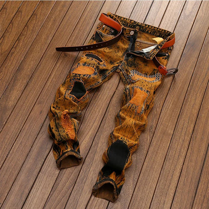 Autumn New Vintage Jeans Men's Ripped Straight Slim-fit Jeans Patchwork Personalized Distressed Hip-hop Streetwear Man Clothes