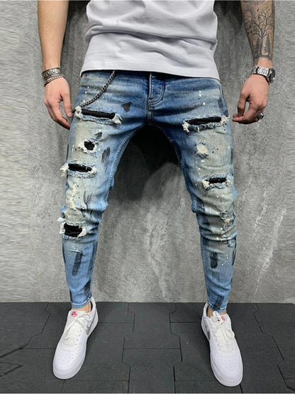 Mens Distressed Pleated Knee Patch Painted Stretch Skinny Jeans Ripped Denim Pants Brand Hip Hop Black Casual Trousers for men