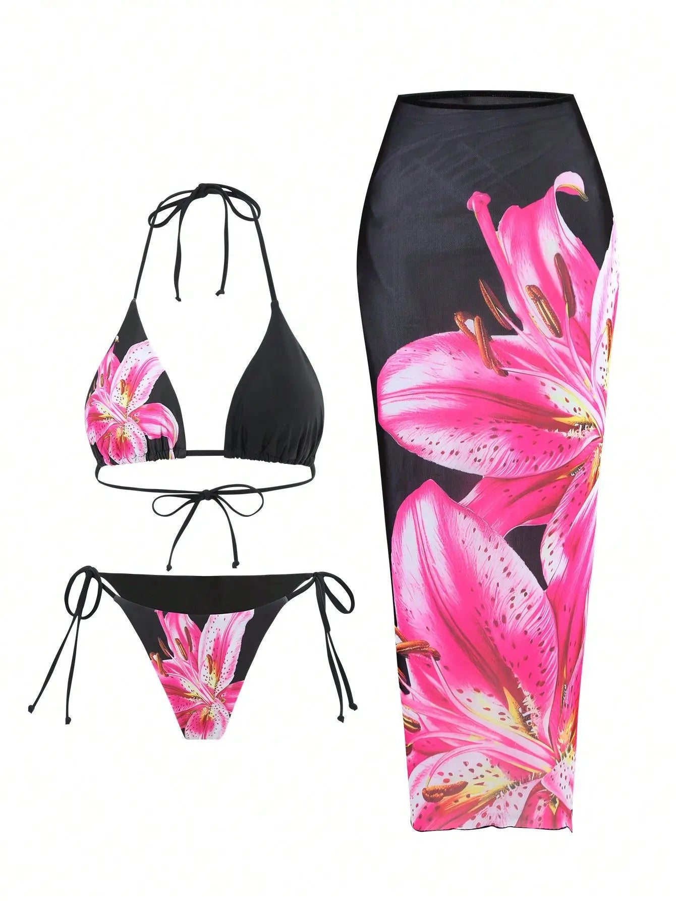 New Flower Print Bikini Set Women's High Waist Long Skirt 3 Piece Swimsuit Sexy Mini Triangle Backless Thong Bathing Suit