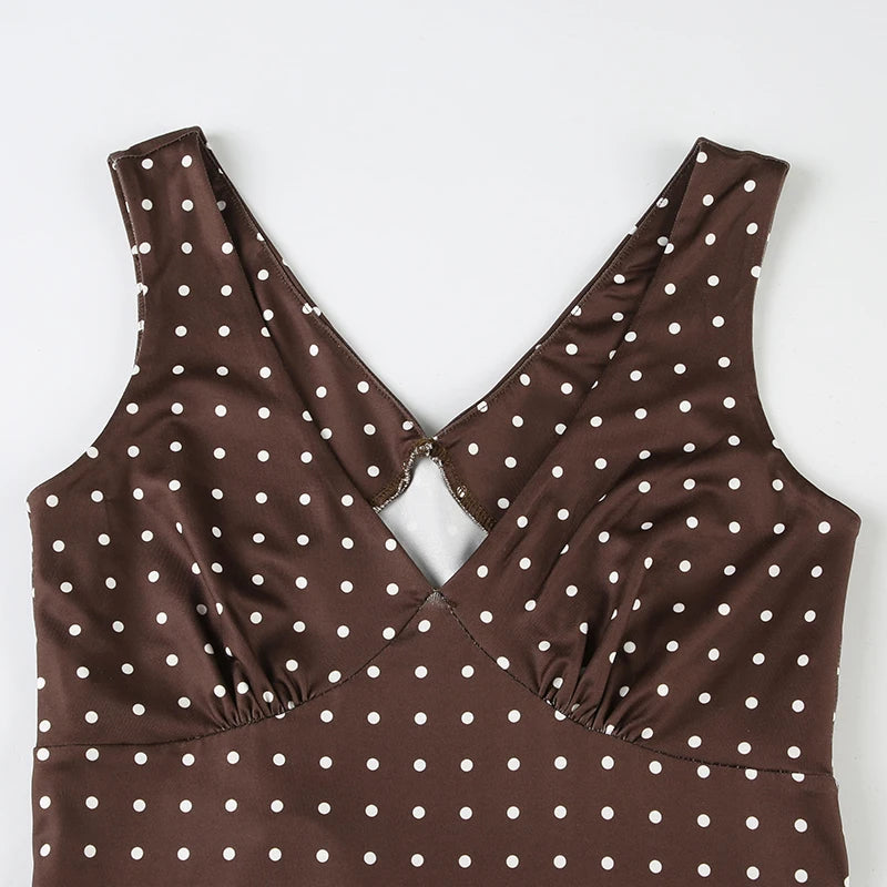SUCHCUTE Brown V-neck Polka Dot Mini Dress For Women Elegant Backless Party Sundress Sexy High Street Sleeveless Vacation Outfit