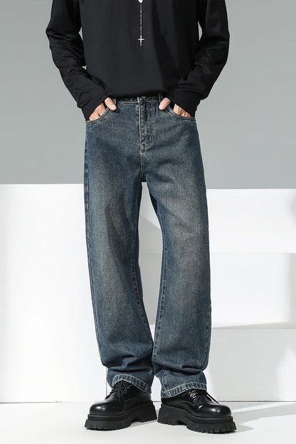 Youth Stylish Loose Fit Denim Pants Spring Retro Blue Wide Leg Jeans Soft Cotton Mid Waist Design for Daily Comfort & Durability