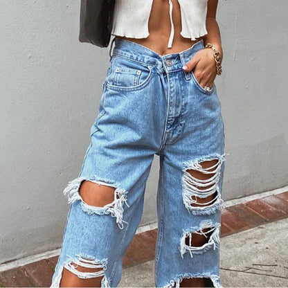 Women High Quality Washed Ripped Straight Leg Jeans, Spring New Street Personality Fashion Comfortable High Waist Wide Leg Pants