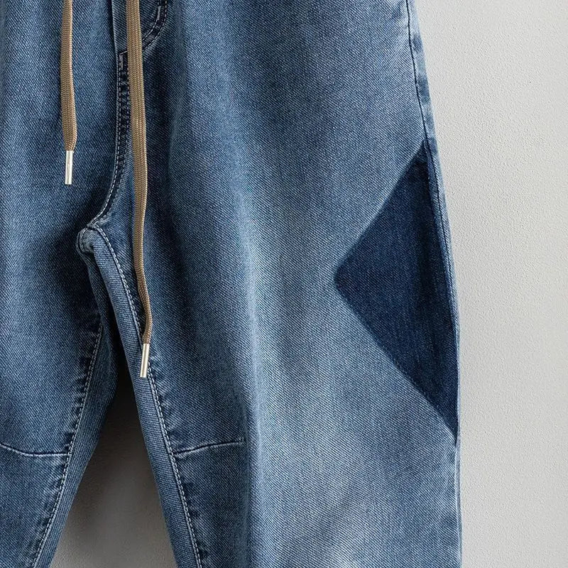 Trendy Harajuku Fashion Korean Men's Drawstring Denim Jeans Casual Pants with Patchwork and Loose Fit Kpop Baggy Cargo Trousers