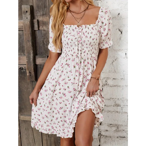 Women Print Square Neck Dress Fashion Ruffled Floral Smocked Dresses For Spring Summer Casual Dress