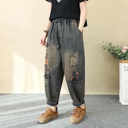 Artistic Retro Embroidered Jeans Women's Wear 2025 Spring Autumn New Loose High Waist Elastic Denim pants Female Casual Trousers