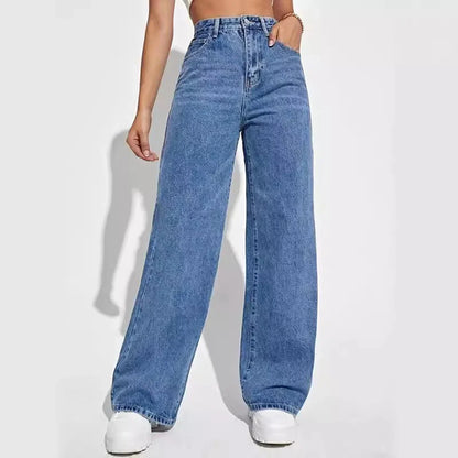 Women's New Dark Blue Wide Leg Straight Jeans Slimming All-match Spring Summer