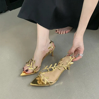Summer Ladies Silver Heels Fashion Pointed Toe Leaves Party Wedding Gold Heeled Sandals Women