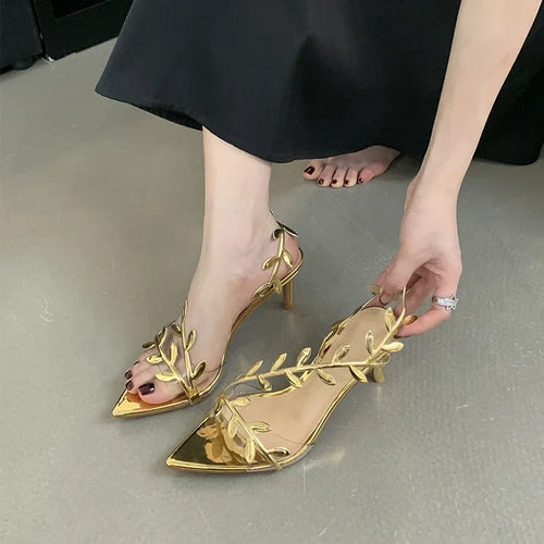 Summer Ladies Silver Heels Fashion Pointed Toe Leaves Party Wedding Gold Heeled Sandals Women