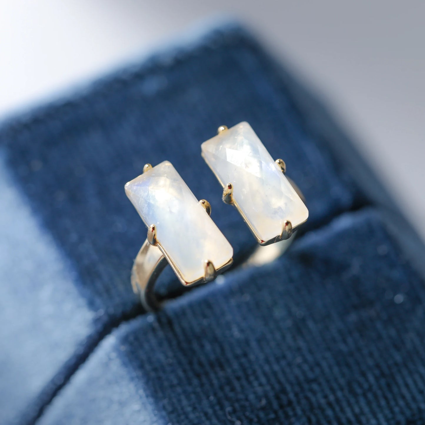 Baguette Cut Natural Moonstone Gemstone Engagement Ring 925 Sterling Silver Adjustable Band for Women Blue Stone Promsie Gifts