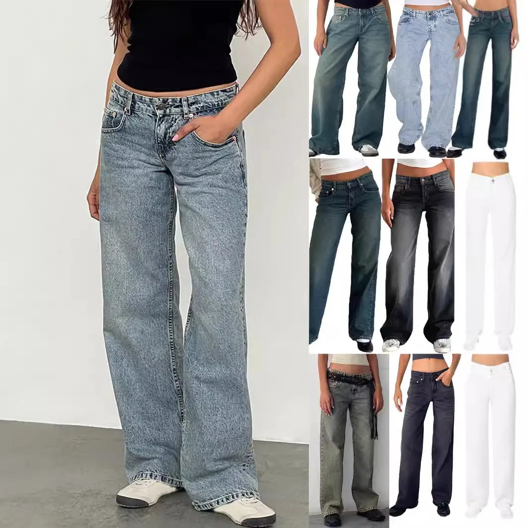 High Quality Women's Straight Leg Jeans Four Seasons New Fashion Loose Low Waist Wide Leg Pants Women's Casual Elasticless Jeans