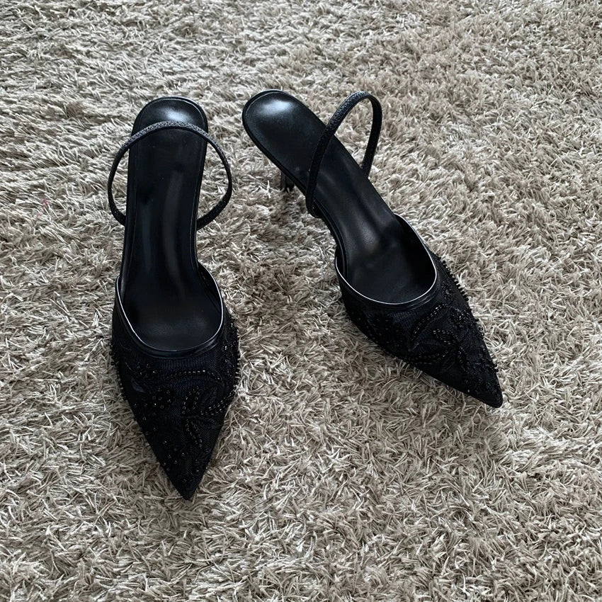 Luxury Brand High Heels Women Sandals Mesh Embroider Elegant Pointed Ladies Slingback Party Wedding Bridal Dress Shoes Woman