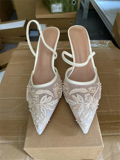 Women's Mesh Floral Embroidered Slingback High Heels Female Open Heel Pearl Studded Pointed Toe Sandals Sexy Stiletto Lady Mules