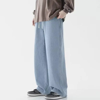 Korean Solid Colors Men's Casual Long Jeans Classic Man Four Seasons Straight Denim Wide-leg Pants Light Blue Grey Black S-3XL