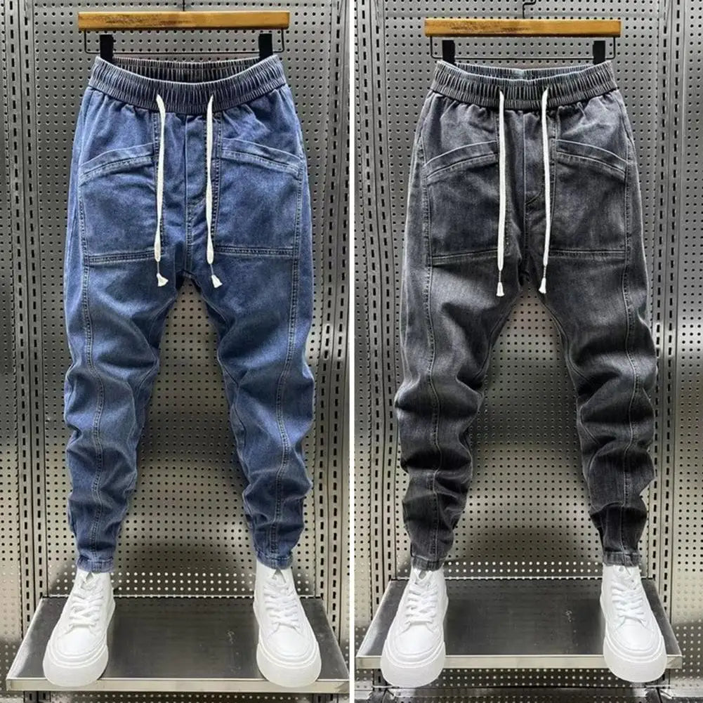 Spring Autumn Men Jeans Elastic Drawstring Waist Pockets Design Denim Pants Solid Color Casual Cargo Harem Trousers
