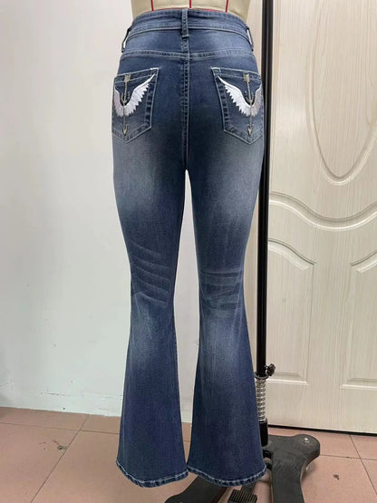 Women Embroidery Pockets Distressed Jeans Mid Waist Stretch Slim Fit Pants Vintage Denim Trousers Autumn Female Streetwear