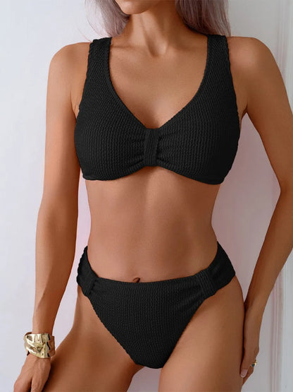 Summer New Women's 2 Piece Swimsuit Solid Color High Waist Bikini Set V-neck Backless Beach Vacation Bathing Suit Swimwear