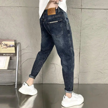 New Men's Luxury Loose Denim Jeans for Men Solid Vintage Washed Elastic Casual Pants Blue for Autumn Designer Baggy Trousers