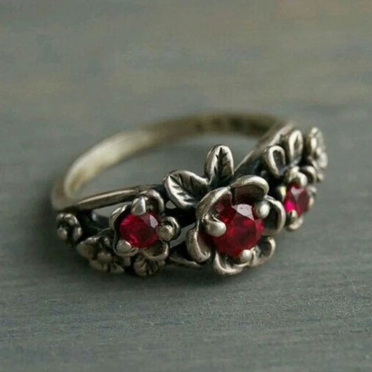 Vintage Bohemian Flower Red Crystal Rings for Women Gorgeous Charming Silver Colour Wedding Engagement Christmas Gift