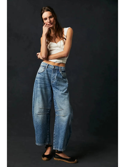 High Stretch Mid-Rise Barrel Jeans Fashion Wide Leg Shape Women Casual Baggy Mid Waist Denim Jeans