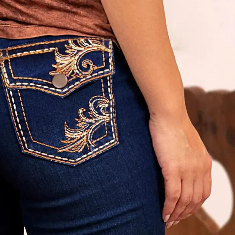 Stylish Cowgirl Boo-Cut Denim Jean Exquisite Embroidery Stretch & Comfortable Ladies Country Outfit Western Women Trousers T02