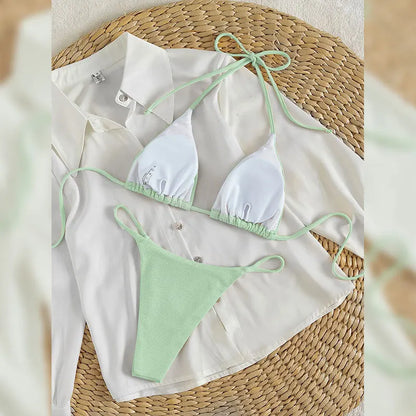 Special Pit Stripe Fabric Bikini Set Women Sexy Simple Solid Halter Bikini Swimsuit High Waisted Lace Up Beach Bathing Suit