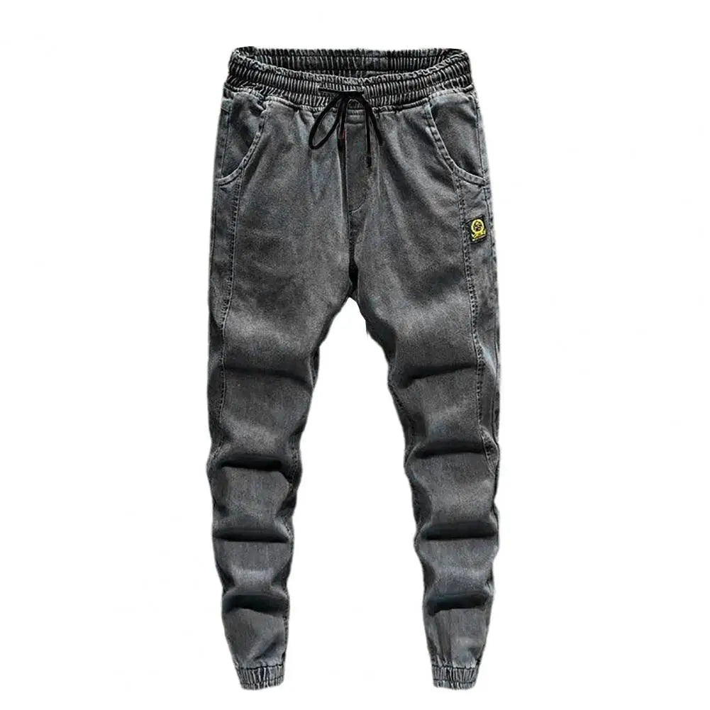 Trendy Men Jeans Elastic Waist Streetwear Bottoms High Waist Ankle Tied Harem Pants