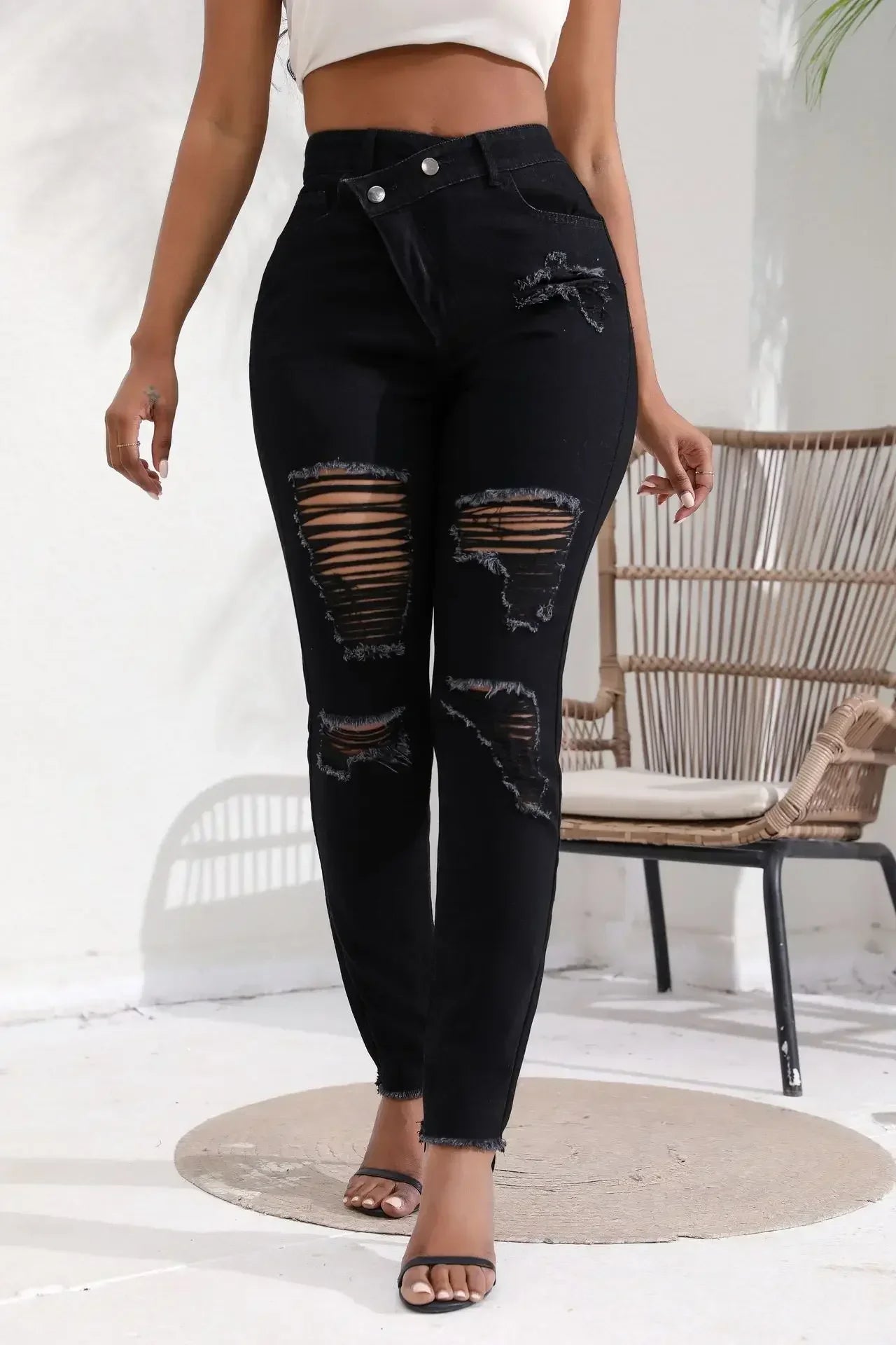 Women Jeans Denim pant High Waist Pencil Pants Holes Slim Fit Pockets Sexy Streetwear Solid Sheath Distressed Ankle Length 2025
