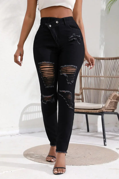 Women Jeans Denim pant High Waist Pencil Pants Holes Slim Fit Pockets Sexy Streetwear Solid Sheath Distressed Ankle Length 2025