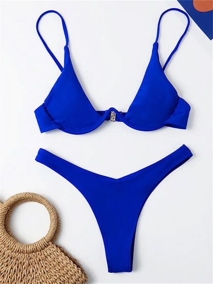 Sexy Underwire Bikini  Women Solid Red Push Up Bra Thong Swimsuit Haler V Neck Bathing Suit Mini Micro Thong Swimwear