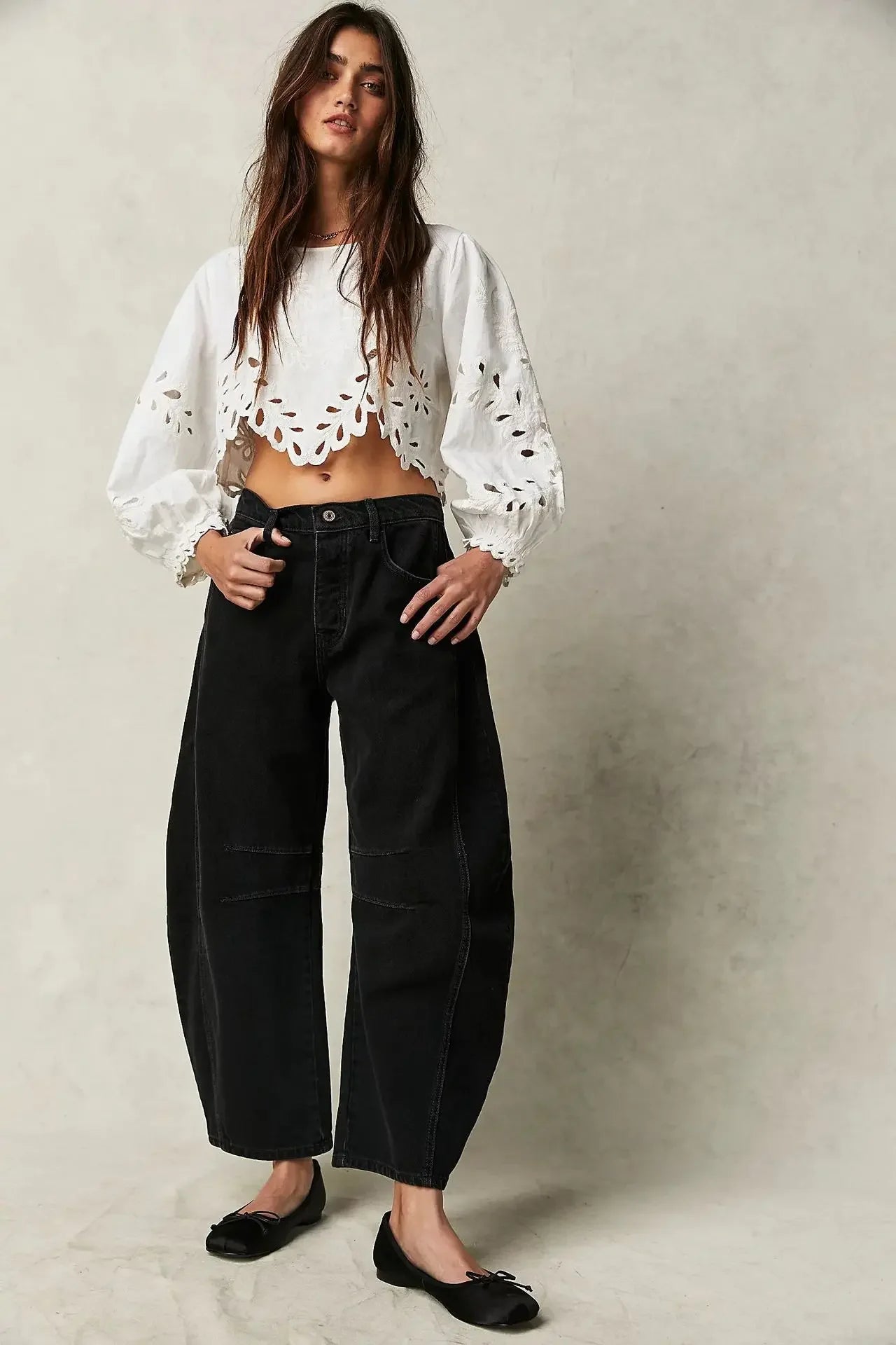 High Stretch Mid-Rise Barrel Jeans Fashion Wide Leg Shape Women Casual Baggy Mid Waist Denim Jeans