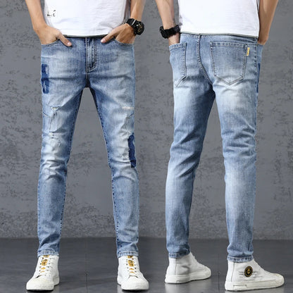 Summer Thin Men's Elastic Cotton Jeans - Fashionable Streetwear Blue Straight Fit Slim Casual Pants