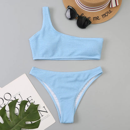 One Shoulder Bikinis 2025 Women Sexy Swimwear Female Brazilian Swimsuit Solid Beachwear Bathers Bathing Swimming Swim Suit