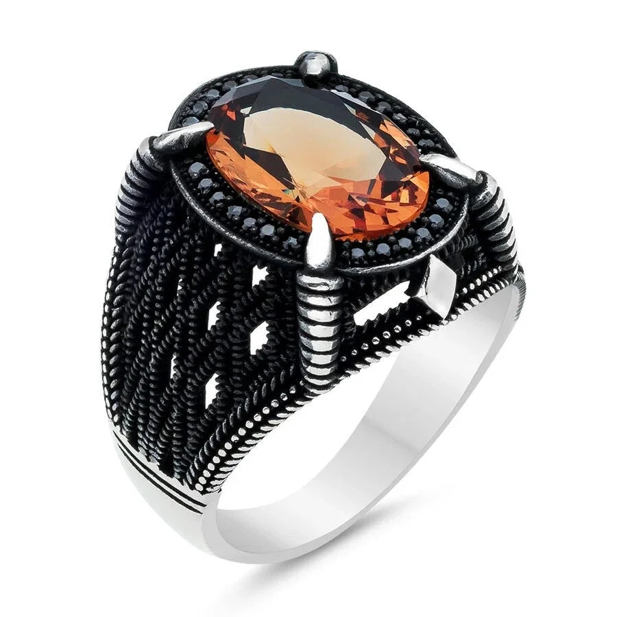 New Copper Material Open Adjustable Ring Black Gemstone Personality High Jewelry Fashion Luxury Business Suitable for Men Gift